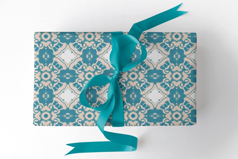 Wrapping Paper by the Yard ~ Alexandria Turquoise Medallion Paper 30" wide, Wrapping Paper Rolls [Gift Wrap, All Occasion]